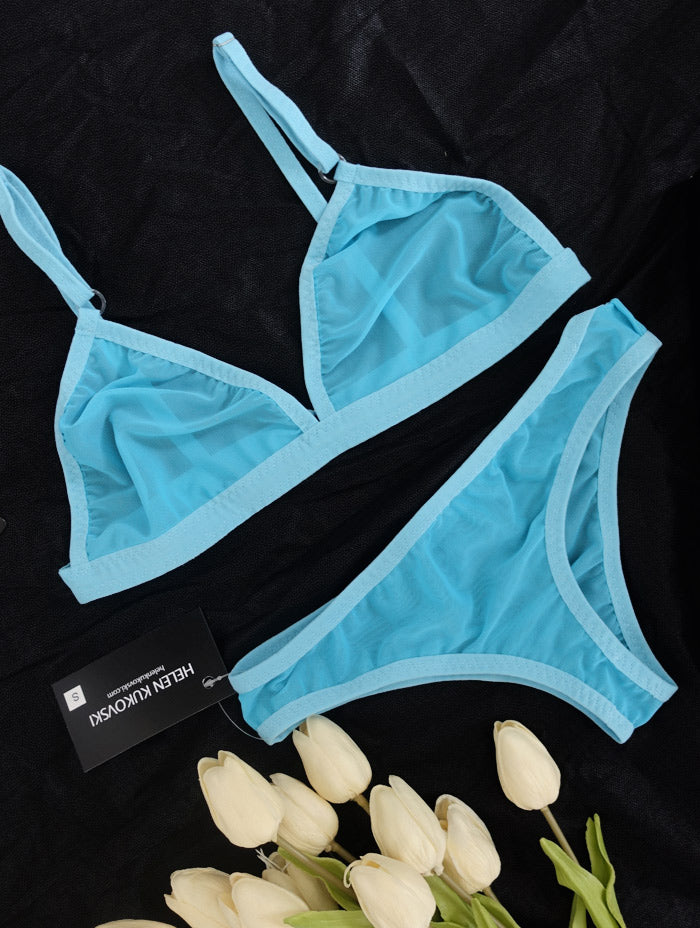 Sheer sky blue mesh tanga panties